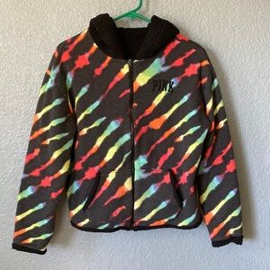 Reversible rainbow tie dye Sherpa hoodie.